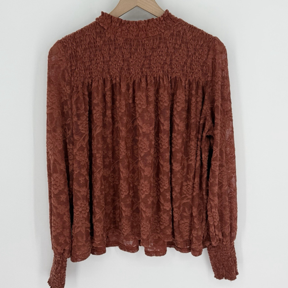 Anthropologie Deletta Amanna Lace Smocked Burnt Orange Size L Long Sleeve Top